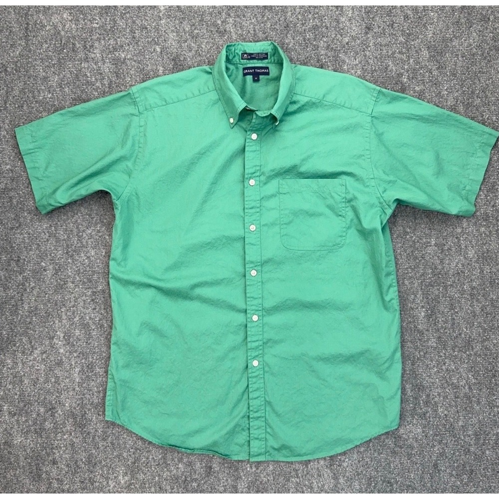 Grant Thomas Shirt Mens‎ M Short Sleeve Button Down Green Cotton Top
